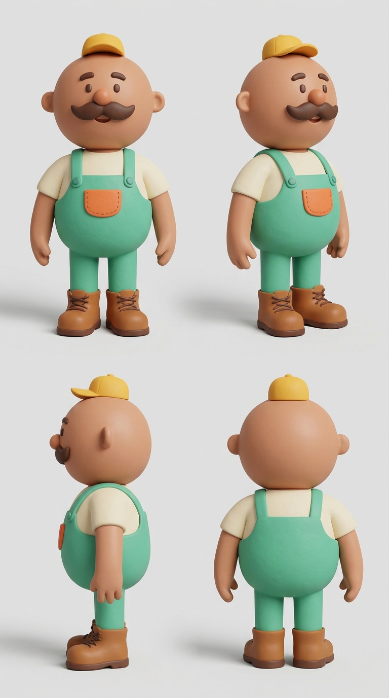 Kabloo, a round cartoon handyman with a big moustache, mint-green overalls and a yellow cap